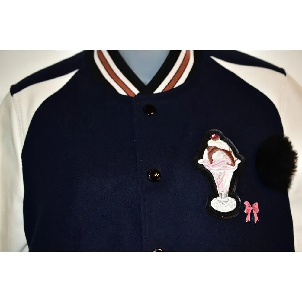 COACH 4 Riverdale Varsity Jacket White Leather Navy Bomber Ice Cream Patch Rare